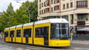 חשמלית צהובה יורדת בסמטה צרה בין בתים ישנים בליסבון